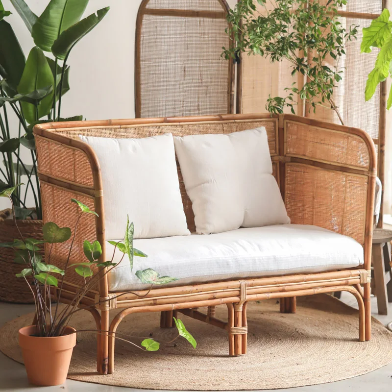 

American style rural handmade solid rattan sofa with a retro living room backrest and rattan woven double sofa chair