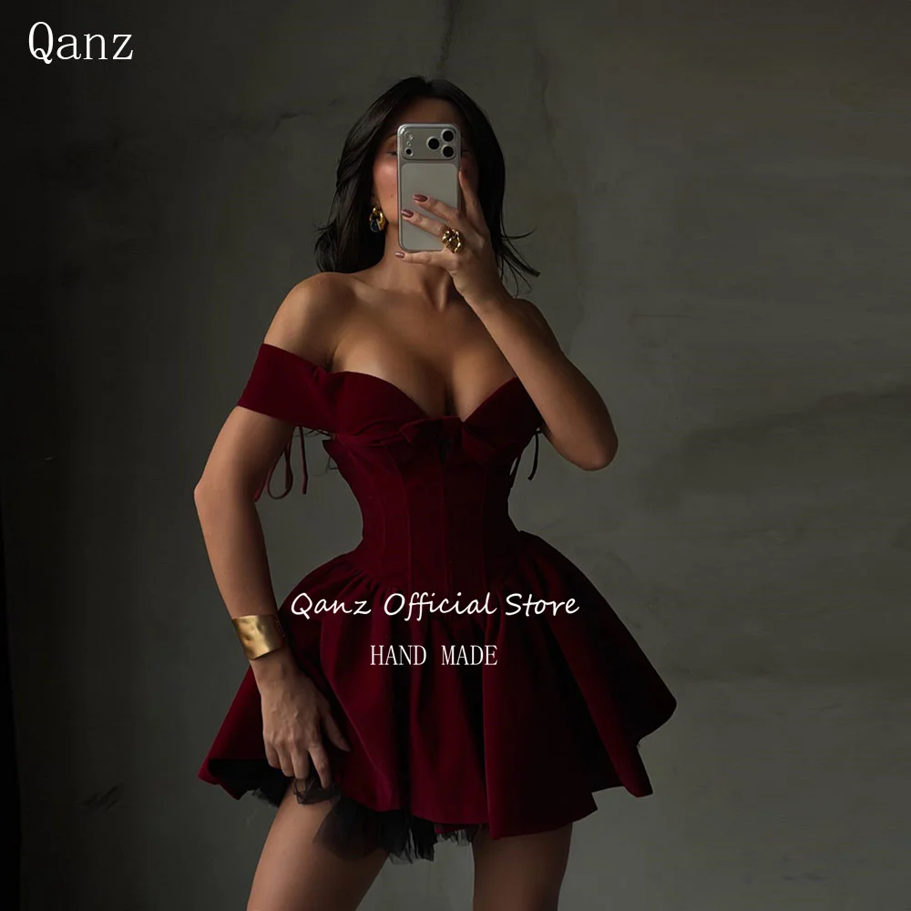 

Qanz Burgundy Mini Prom Dress Off The Shoulder Velvet Short Vestidos De Fiesta A Line Puffy Birthday Party Gowns Customized
