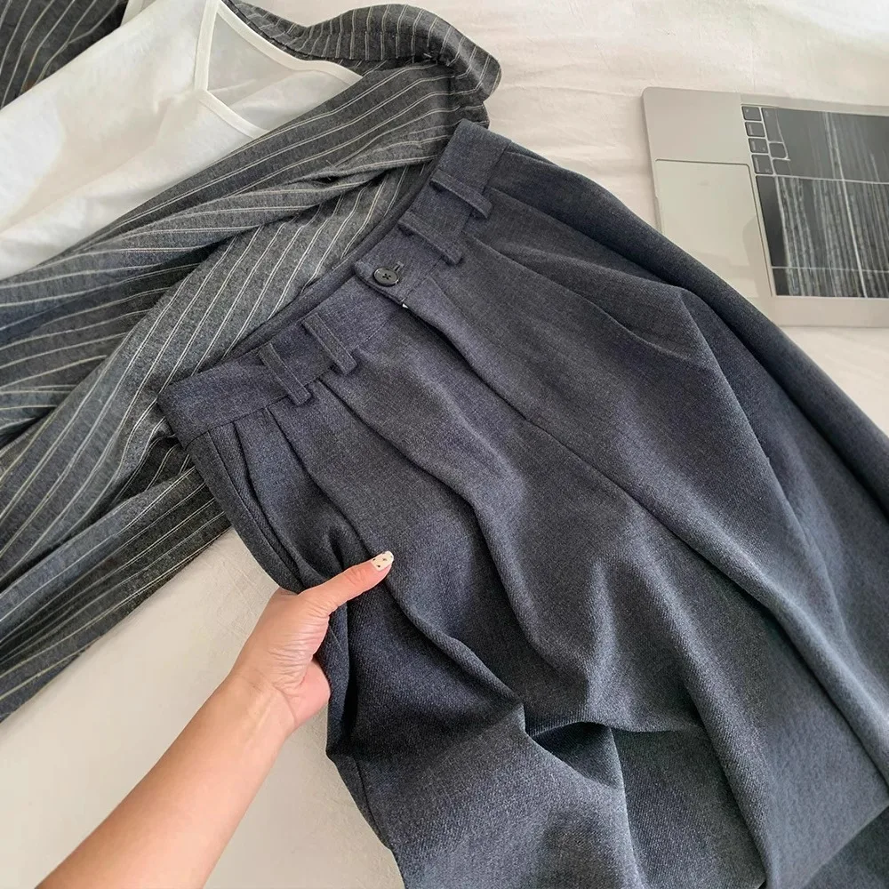 Premium Dark Gray Thin and Drape Suit Pants Women's Spring and Autumn Loose Straight Wide-leg Pants