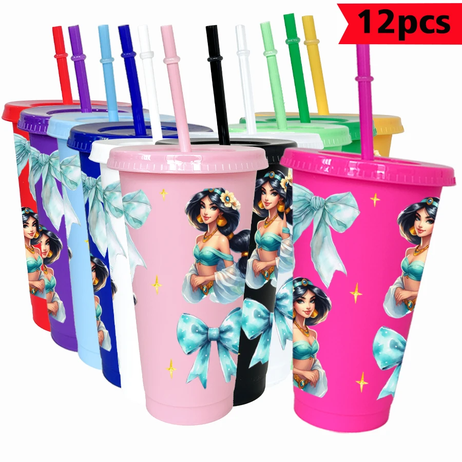 

12Pcs/pack Disney Princess Jasmine Bow 26oz Colored Plastic Tumbler Birthday Party Drinking Utensils Juice Coffee Mug