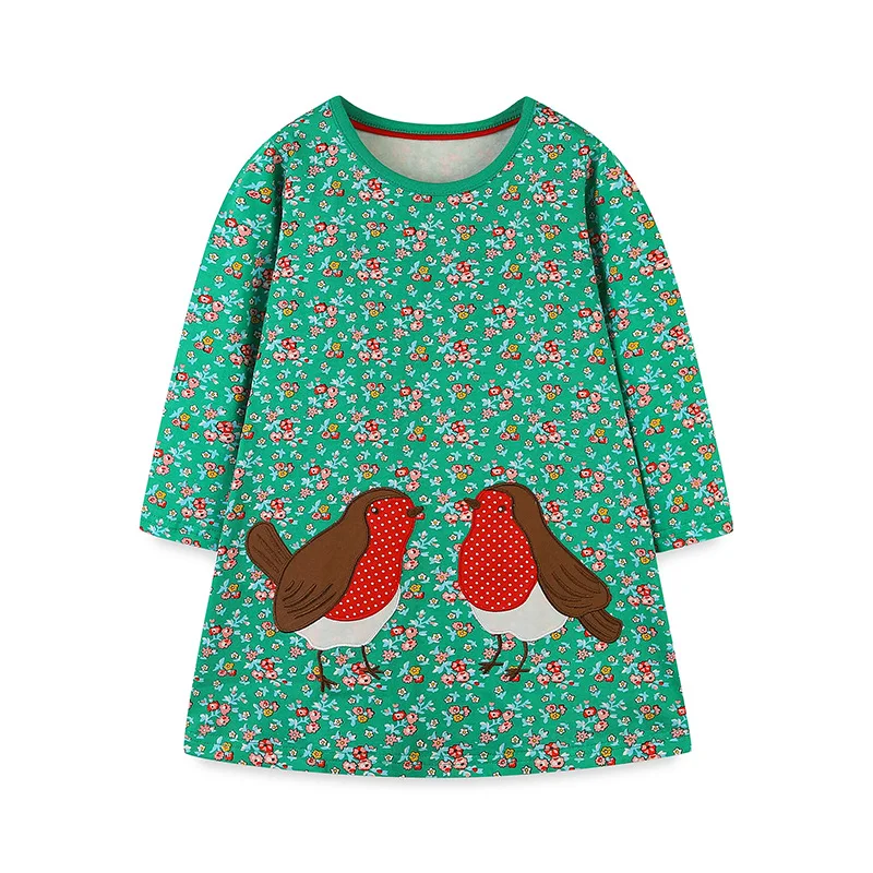 Little maven 2024 Children\'s Clothing Baby Girls  Cartoon Birds Flowers Long Sleeves Dress Cotton Autumn Casual Clothes for Kids