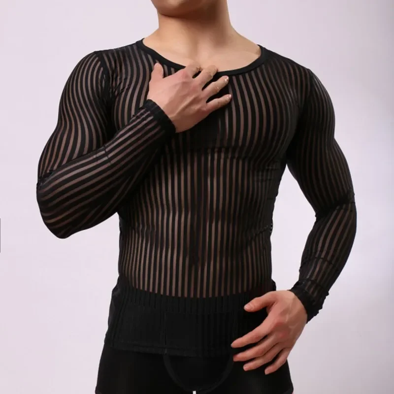 Mens Stripe Undershirt Breathable Slim Mesh Tees Shirt See Through Sheer Long Sleeves T Shirts Sexy Transparent Shirt Underwear