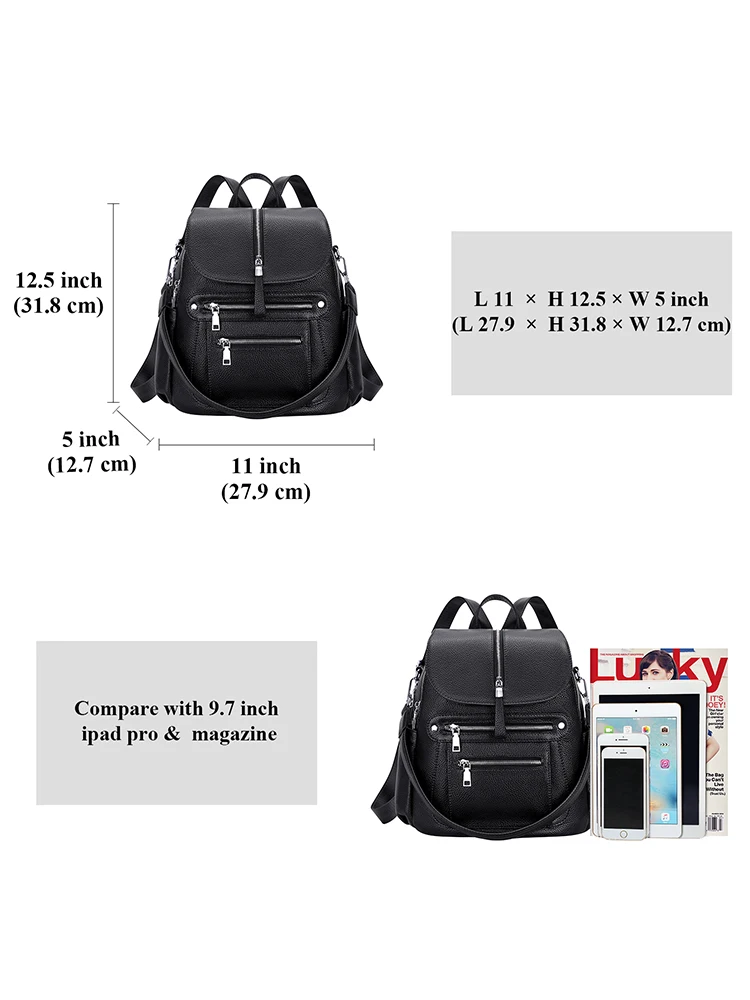 Doleesune genuíno couro de vaca feminina mochila saco moda bolsa de ombro conversível multi bolso senhoras faculdade daypack