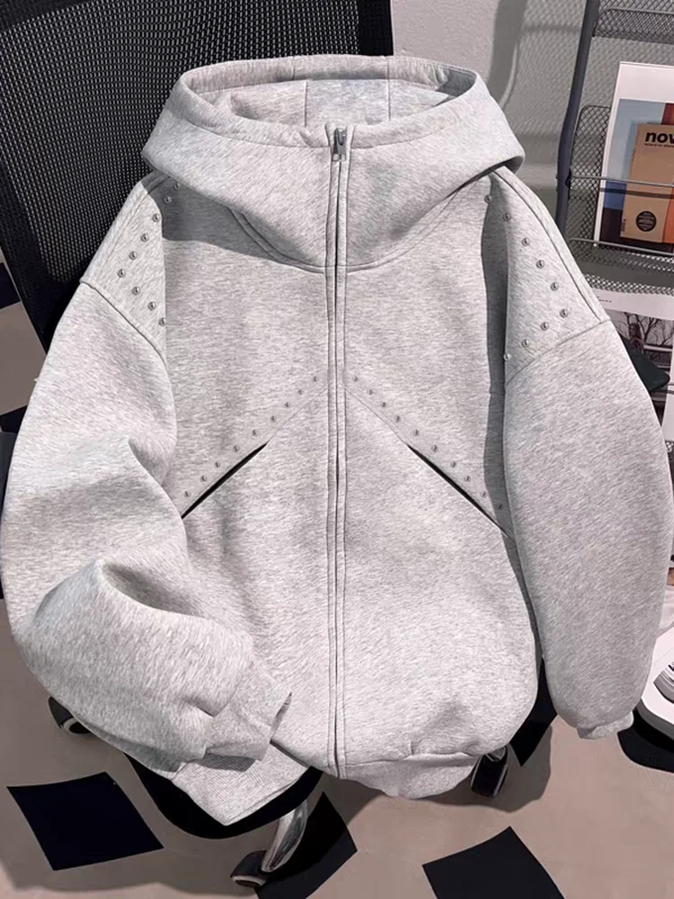 American Retro High Street Hooded Sweatshirt with Rivet Design, Stylish Men's High-end Autumn Trendy Cool Jacket