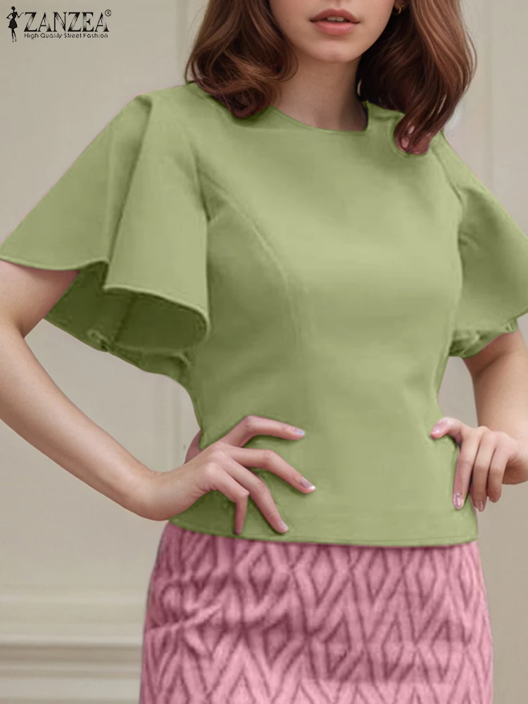 

ZANZEA Women Summer Tops Elegant Shirts Office Lady Blouse 2025 Fashion Short Sleeve Solid Color Tunic Ruffle Sleeve OL Blusas