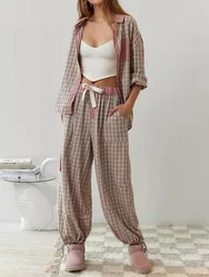 Women Retro Plaid Pajama 2 Piece Set Long Sleeve Button Shirt & Elastic Waist Pants Set Casual Sleepwear Loungewear Homesuit