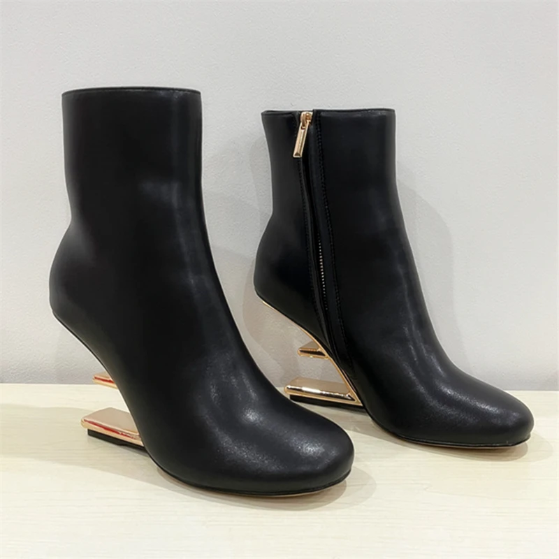 Fashion Black Women Letter Strange High Heel Ankle Boots Ladies Wedge Dress Shoes Autumn Winter Leather Short Botas Mujer Wedges