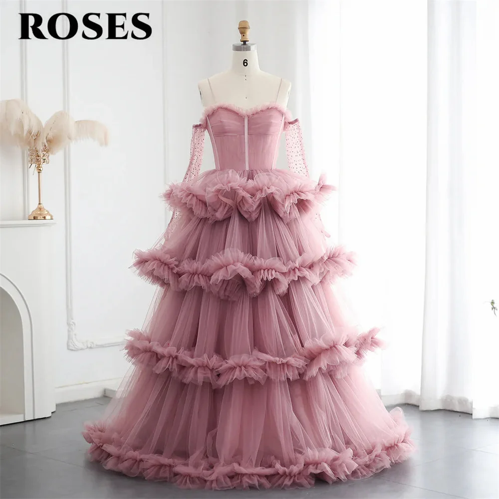 ROSES Dusty Pink Elegant Prom Dress Tulle Sweetheart Formal Gown Pleats Tiered A-Line Off the Shoulder Evening Dress Customized