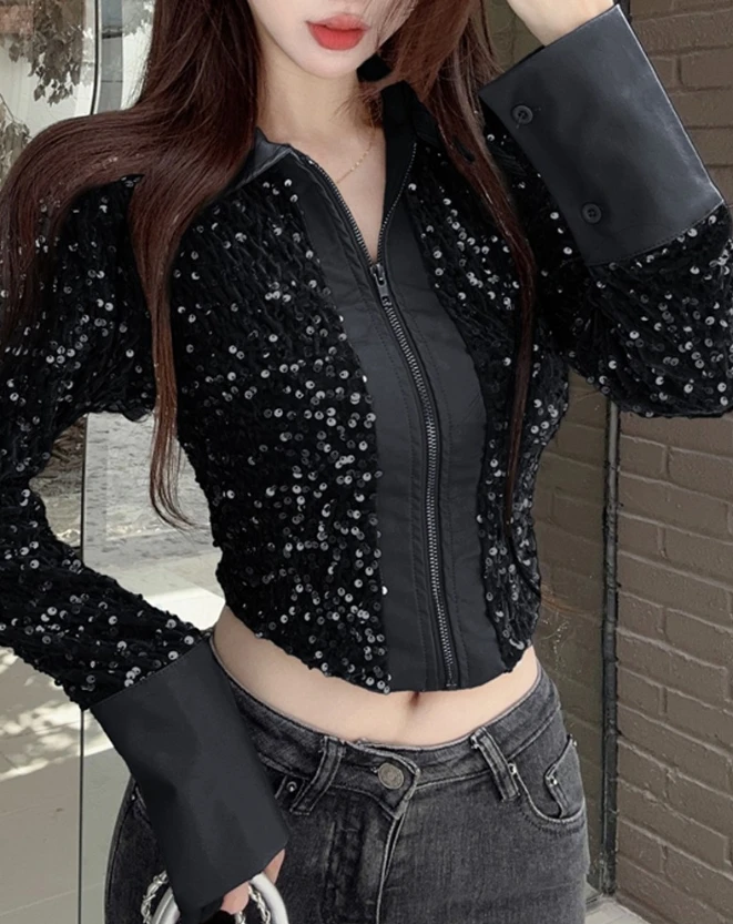 2023 Autumn Spring New Fashion Casual Sexy Blouses Contrast Sequin Zipper Design Patchwork Jacket Female T-Shirts Pullover Tops