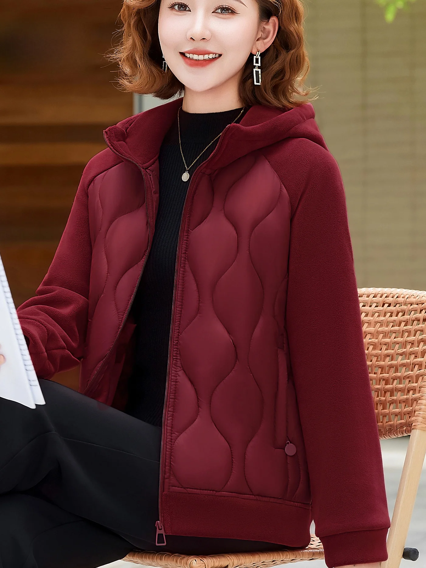 

Winter Thiened Hooded Cotton Jaet Women's Casual Loose Outerwear Zipper Splicing Warm Coat for Middle-Aged And ly