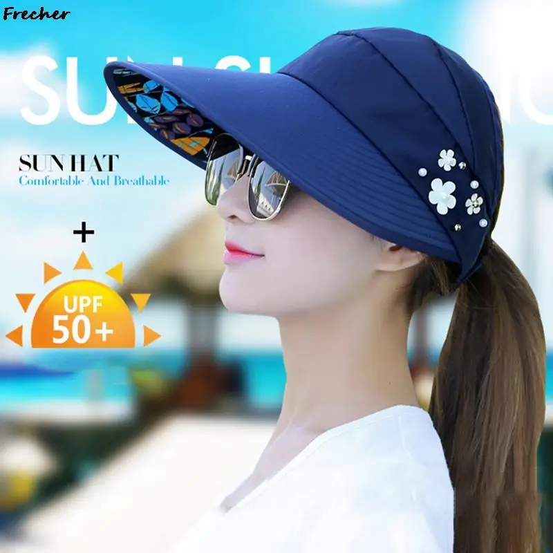 Women Foldable Sun Hat Suncreen Floppy Cap Pearl Flower Visors Hats Summer Empty Top Baseball Caps Outdoor Casual Casquette New