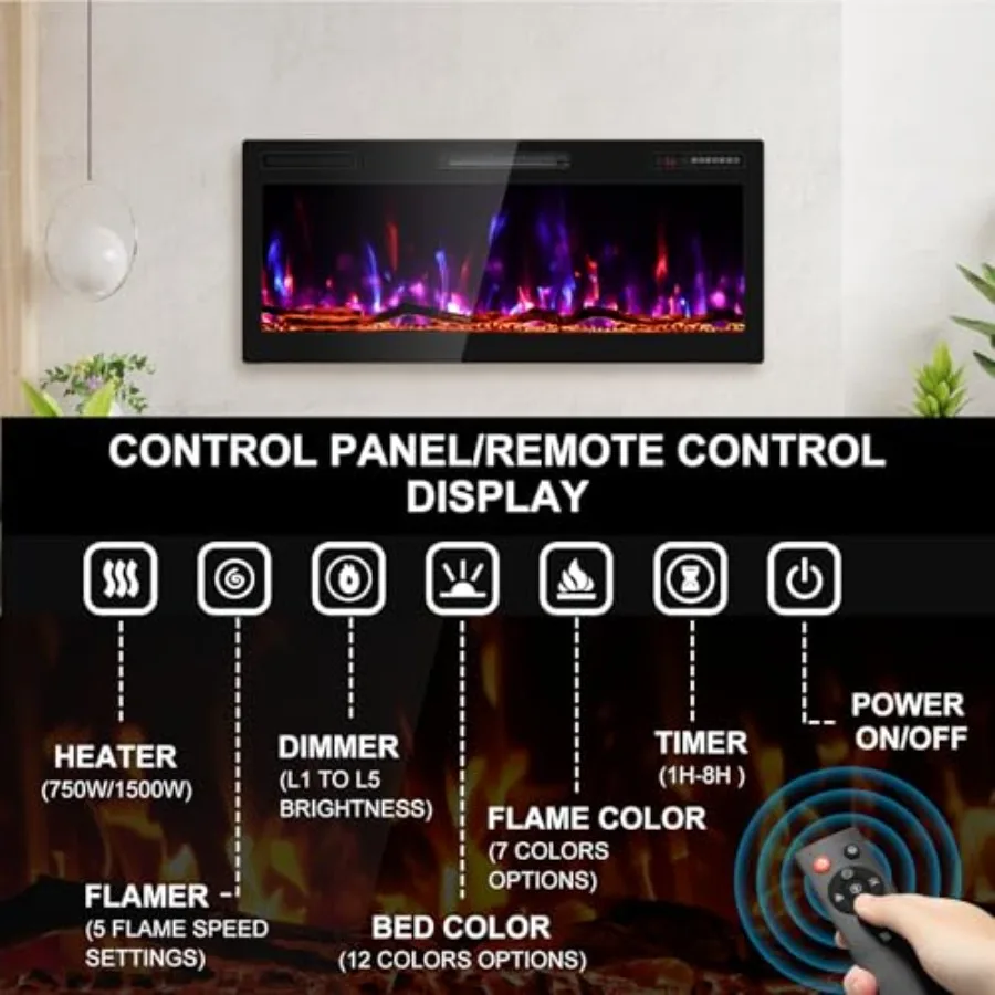 42 Inch Electric Fireplace Recessed and Wall Mounted Ultra Slim Linear Fireplace Heater with Realistic Log Design HD Lifelike F