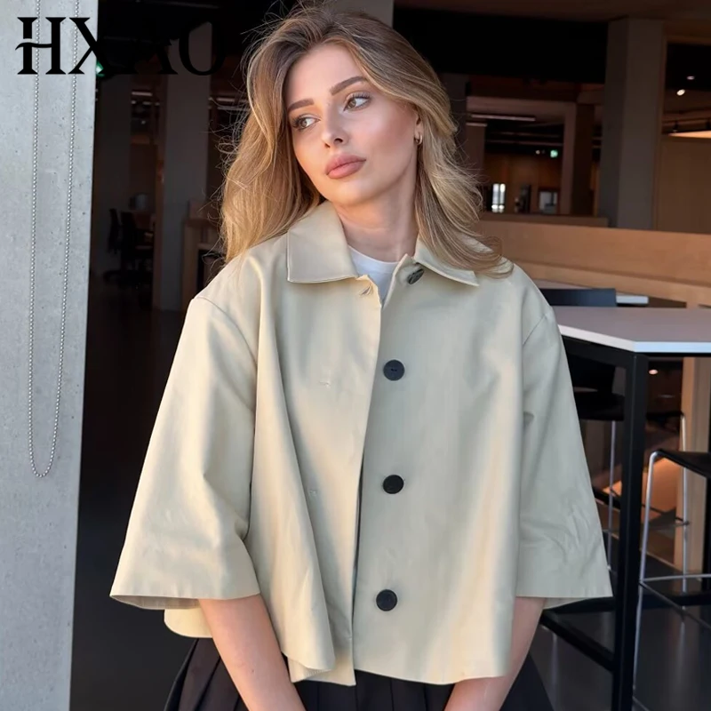 HXAO Cropped Oversized Jacket Women's Jacket Autumn 2026 Minimalist Khaki Lapel Button Half Sleeve Coat Fashion Office Outerwear