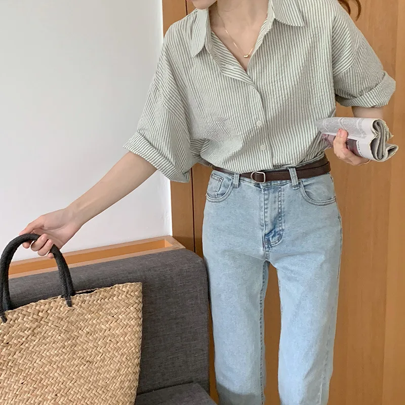 Summer 2024 New Striped Short Sleeve T-shirt Blouse Women\'s Loose Niche Grey Shirt Chic Top Women\'s Clothing Camisas 여성여름옷 Y2k