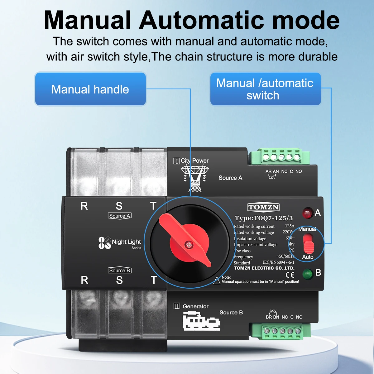 TOMZN Din Rail 3 phase ATS 3P 63A 100A 125A 220V 230V Dual Power Automatic Transfer Electrical Selector Switch Uninterrupted