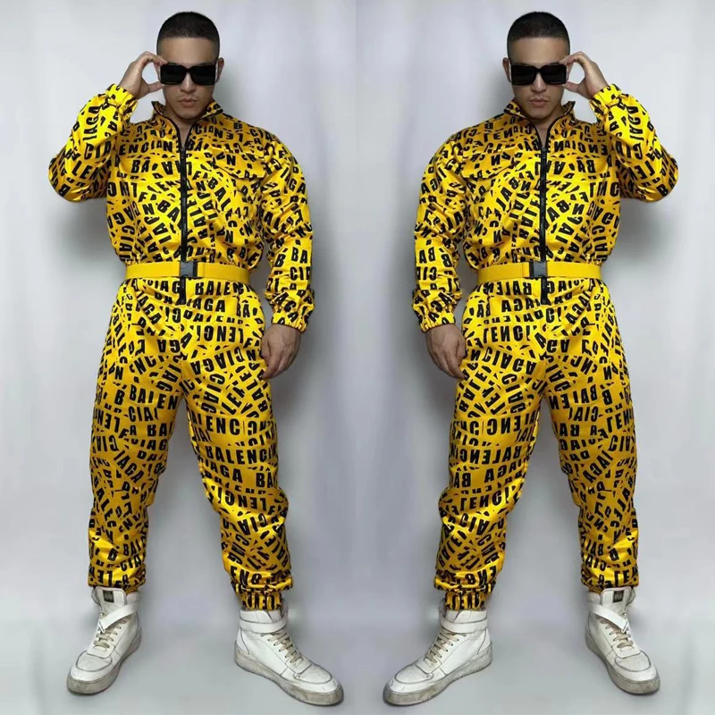 

Jazz Costumes Hip Hop Yellow Jumpsuit Cargo Overalls Men Stage Solo Performance Wear Gogo Nightclub Dj Ds Rave Outfit XS4548