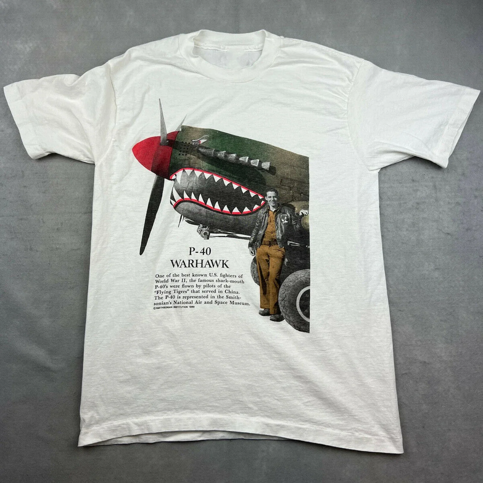 Vintage Flying Tigers P40 Warhawk T-shirt Military WWII Bomber White Men's 100% Cotton Casual T-shirts Loose Top Size S-3XL