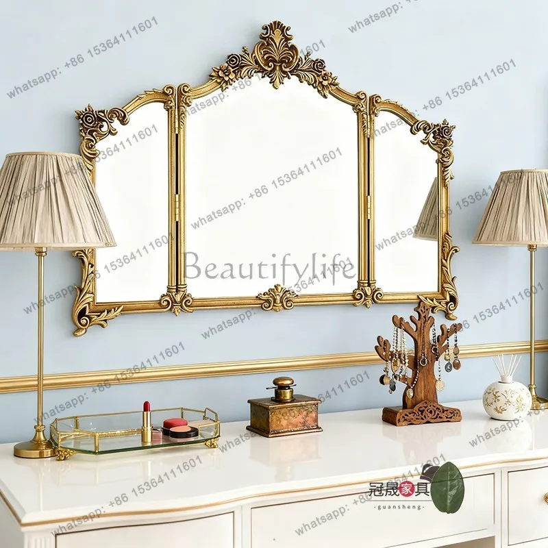 LS French retro carved European bathroom three-sided mirror bedroom desktop folding vanity mirror