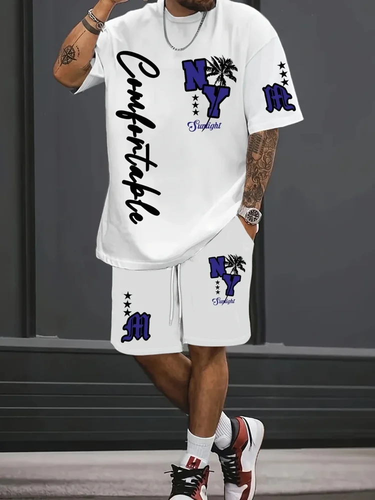 

Men's Summer Short-sleeved Set, Interesting Ruffled Letter Pattern Shirt, Casual Outdoor Activity C·pri Pant Set