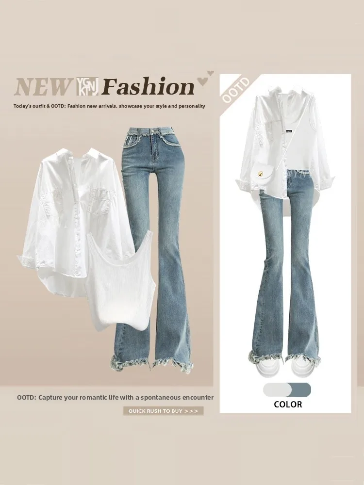 

Summer Commute Fashion Thin Long Sleeve Shirt Vest Slim Jeans Three Piece Set Women Casual Outfit Ensemble High Waist Jeans