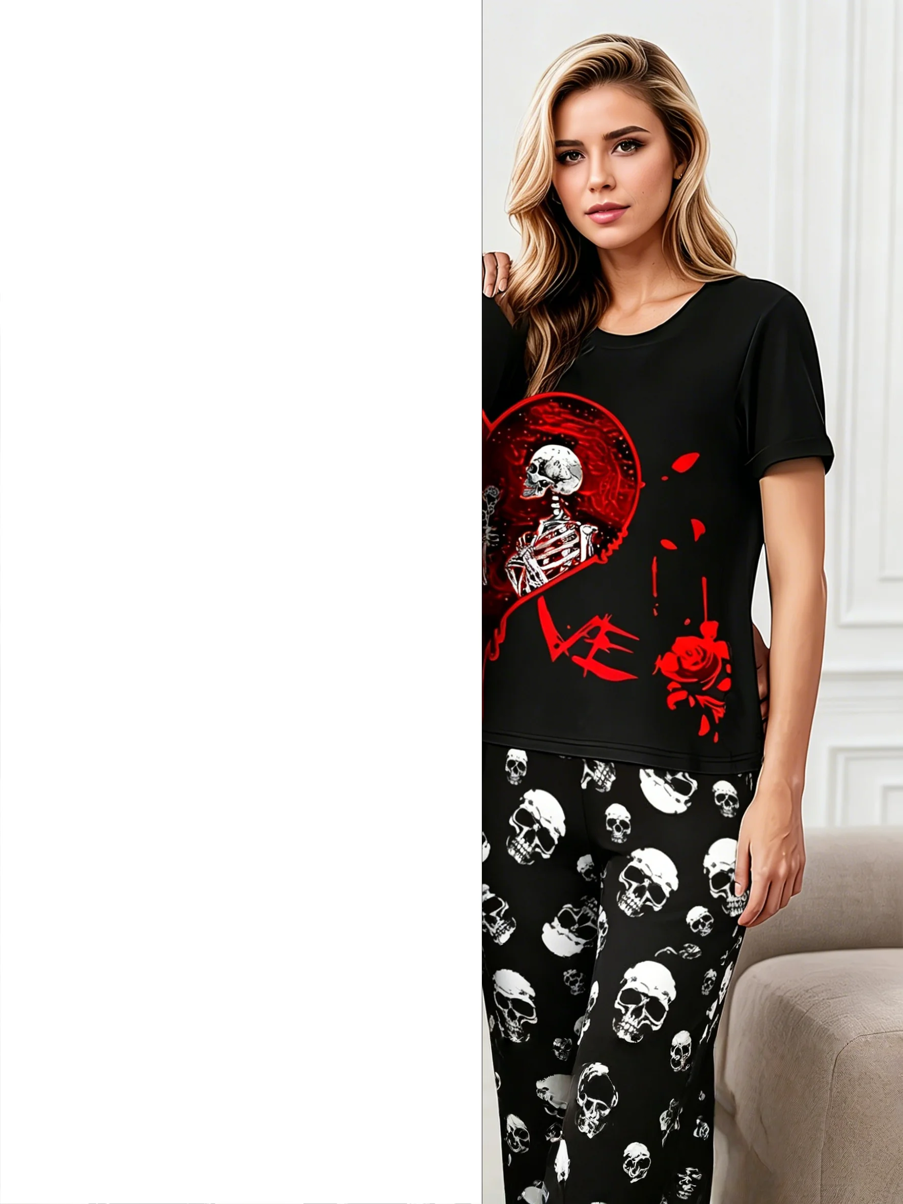 Red Heart Couple Skull Rose Full 3D Printed Pajama Set for Women and Men, T-shirt, Pants, Loose Home Couple Halloween Dress