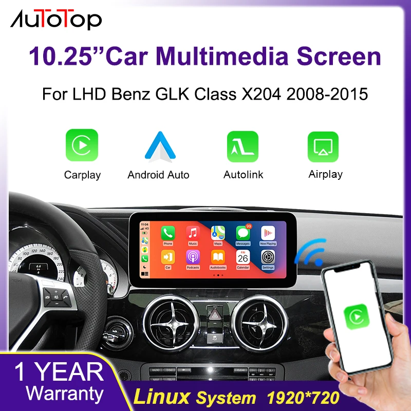 AUTOTOP 10,25" Autoradio für LHD Benz GLK-Klasse X204 2008-2015 mit Multimedia-Bildschirm, kabellosem Carplay, Android Auto, Airplay, Autolink und Linux-System