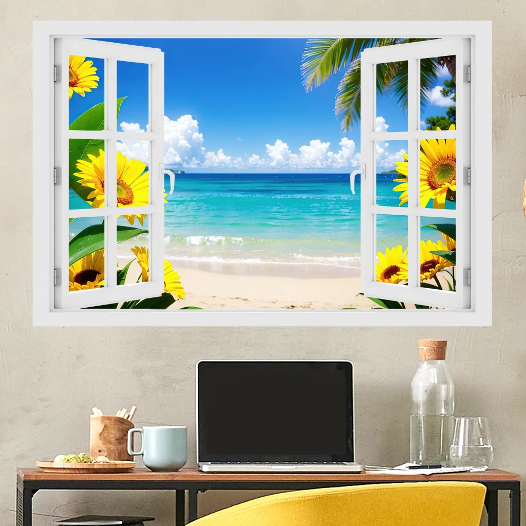 Imitation Window Natural Landscape Wall Stickers Decorative Sunflower Beach Landscape Sunrise Bohemian Living Room Home Decor