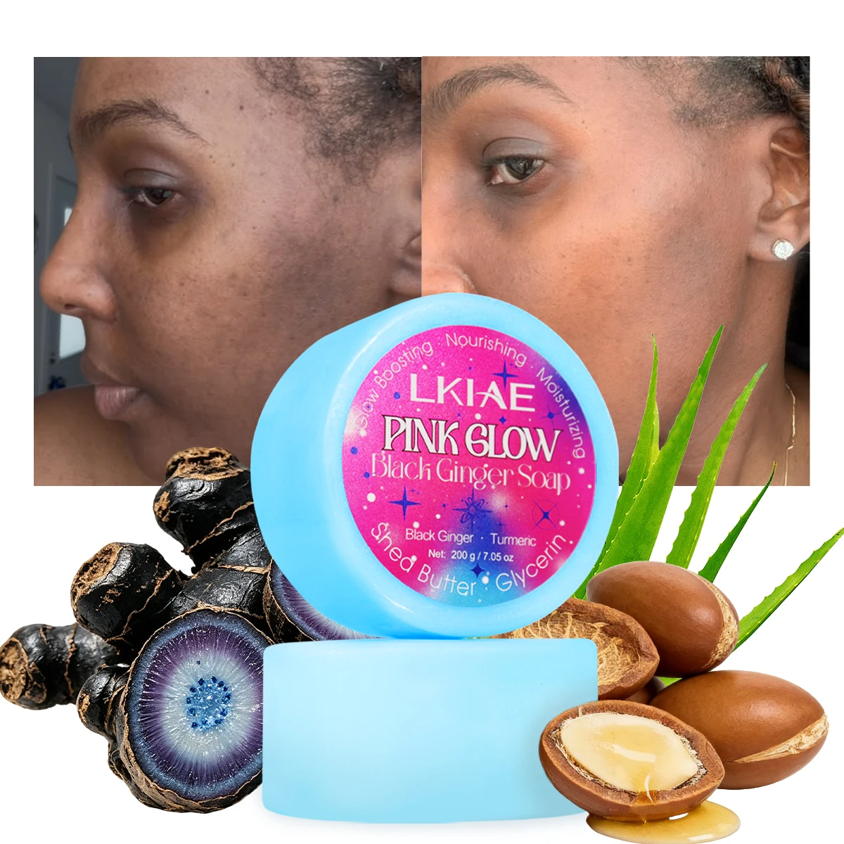 LKIAE Pink Glow Black Ginger Soap, Antioxidant, Brightening, Nourishing, Moisturizing, With Natural Turmeric, Shea Buter,  200g