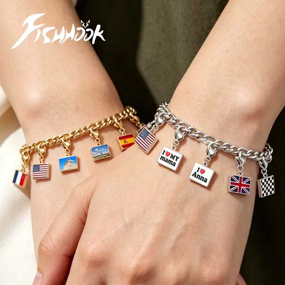 Photo Custom DIY National Country Flag Charms Bracelet For Woman Men Personalized Stainless Steel Father Mother Day Gift Jewelry