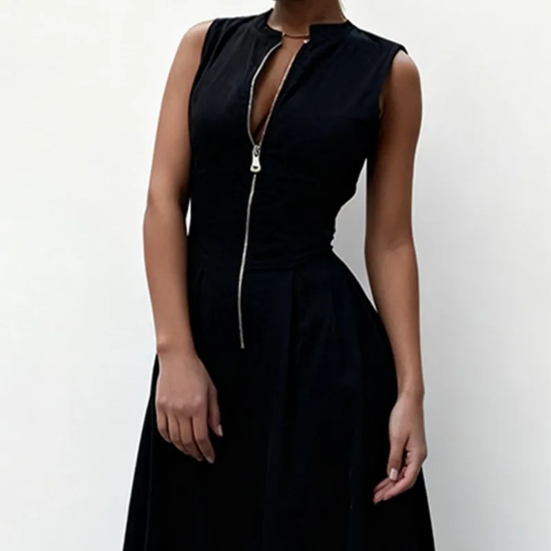 

New Sleeveless V-neck Casual Waist Zip Collar Long Dress Slim Fit Solid Color Simple Elegant Fashion Casual Roupas Feminina