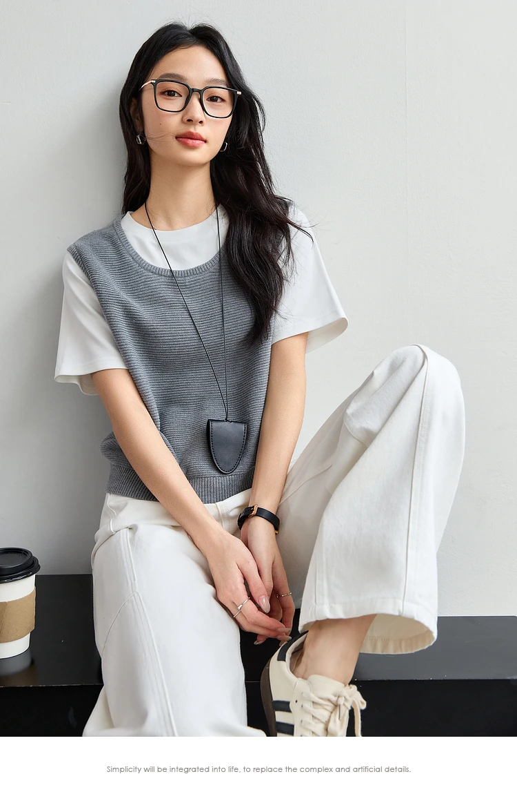 

VIMLY 2 in 1 Short Sleeve Jumpers Woman Gray Splicing Design Knitted T-shirt Women's Knitwear 2025 Summer Casual Knit Top 73789