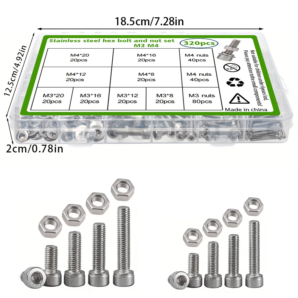 

Набор из 320 болтов и гаек с внутренним шестигранником из нержавеющей стали, M3/M4, длиной 8 мм, 12 мм, 16 мм, 20 мм, для промышленного оборудования.