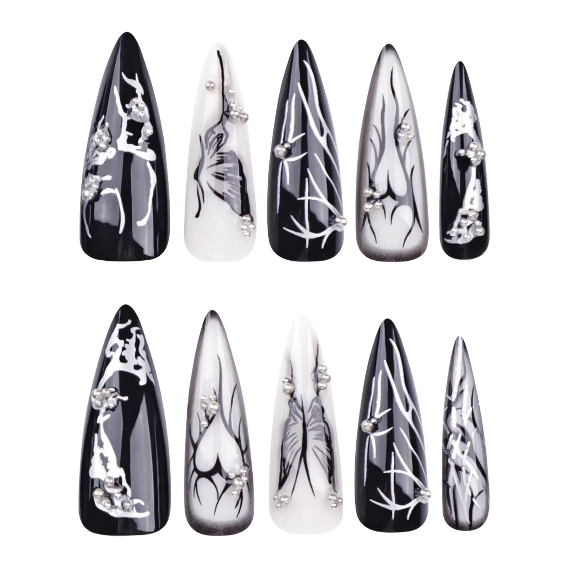 24Ps Black Y2k Fake Nails with Diamond Long Almond False Nail Butterfly Design Wearable Oval Stiletto Press on Nail Manicure Tip