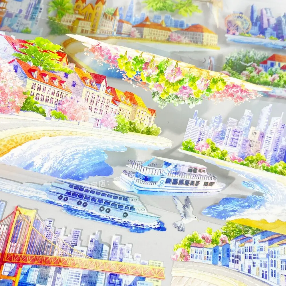 Town Seaside Cruise Ship Bird Scenery Washi Tape PET Sticker for Journaling Scrapbooking DIY