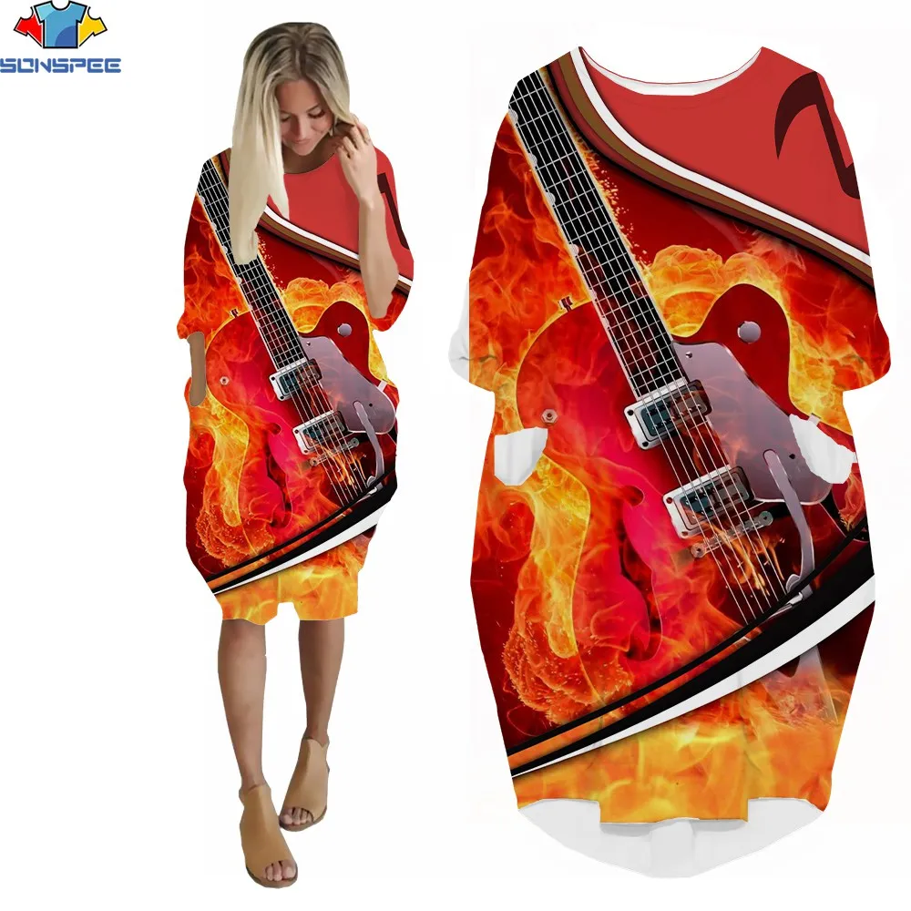 SONSPEE 3D Print Sunmmer Women Short Sleeve Dress Bass Rock Heavy Metal Band Popular Leisure Street Crew Neck Knee T-shirt Dress