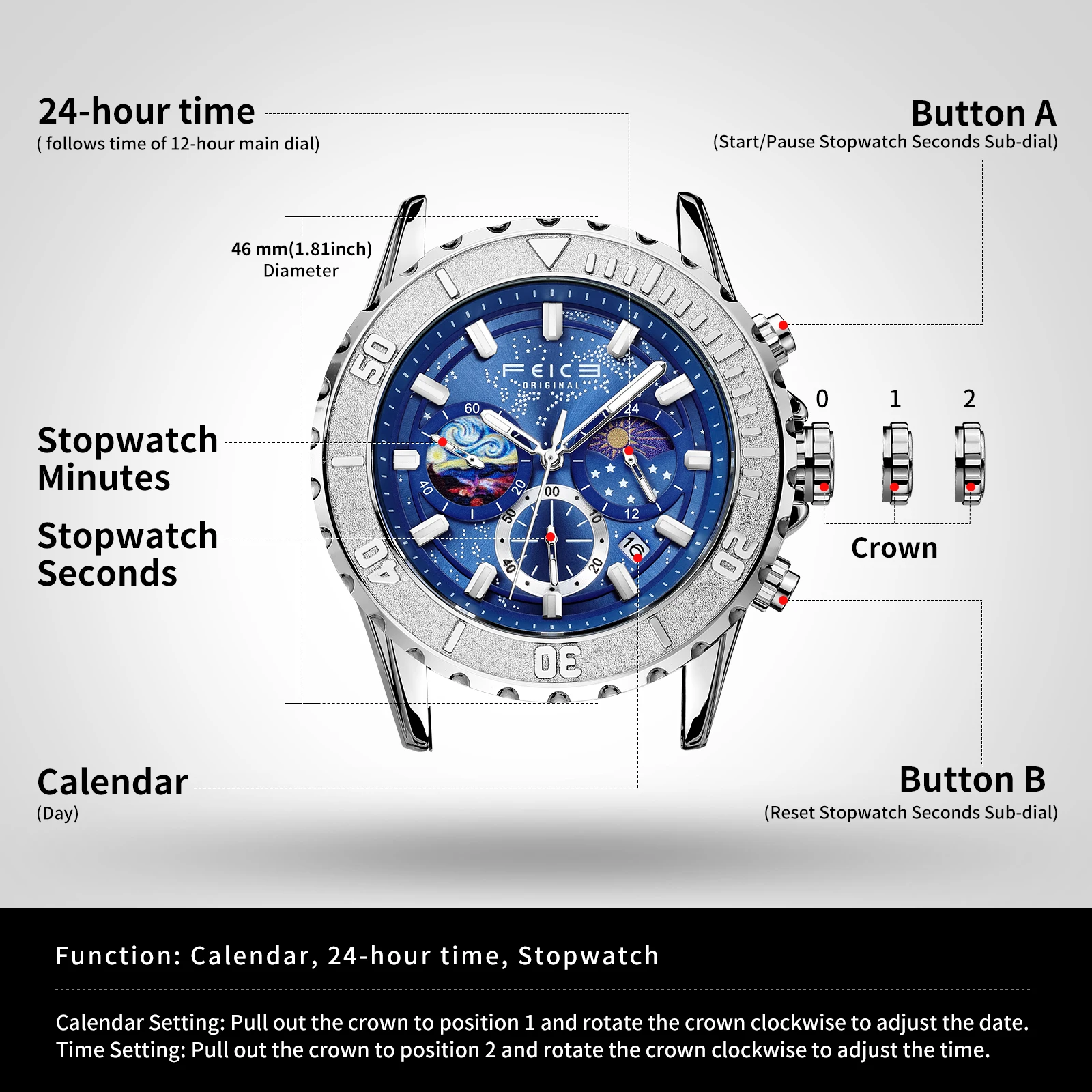 FEICE Men\'s watches Exquisite Timepiece Stunning Watch Fashion Dress Wrist Watch Moon Phase Day Date Luminous Waterproof FK131