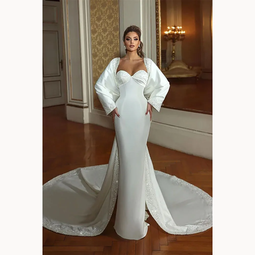 

Очаровательные женские платья Длинные Русалка Сладкое сердце Белый атлас с длинными рукавами Роскошные свадебные платья с жемчугом и бисером со шлейфом