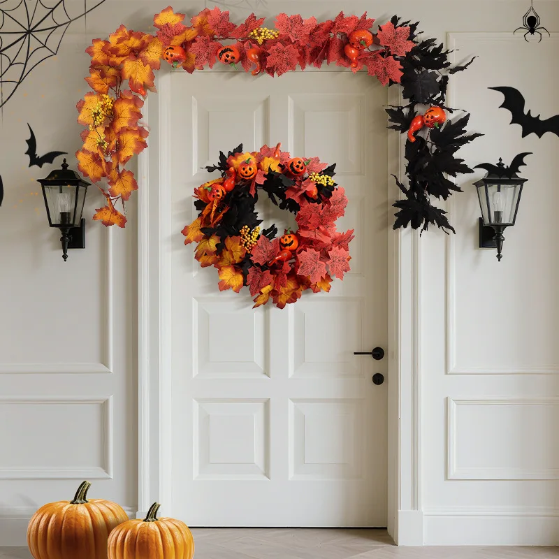 

Yannew 2pcs Halloween Black Yellow Maple Leaves Garland Artificial Hanging Fall Leaf Pumpkin Vines for Autumn Thanksgiving Decor