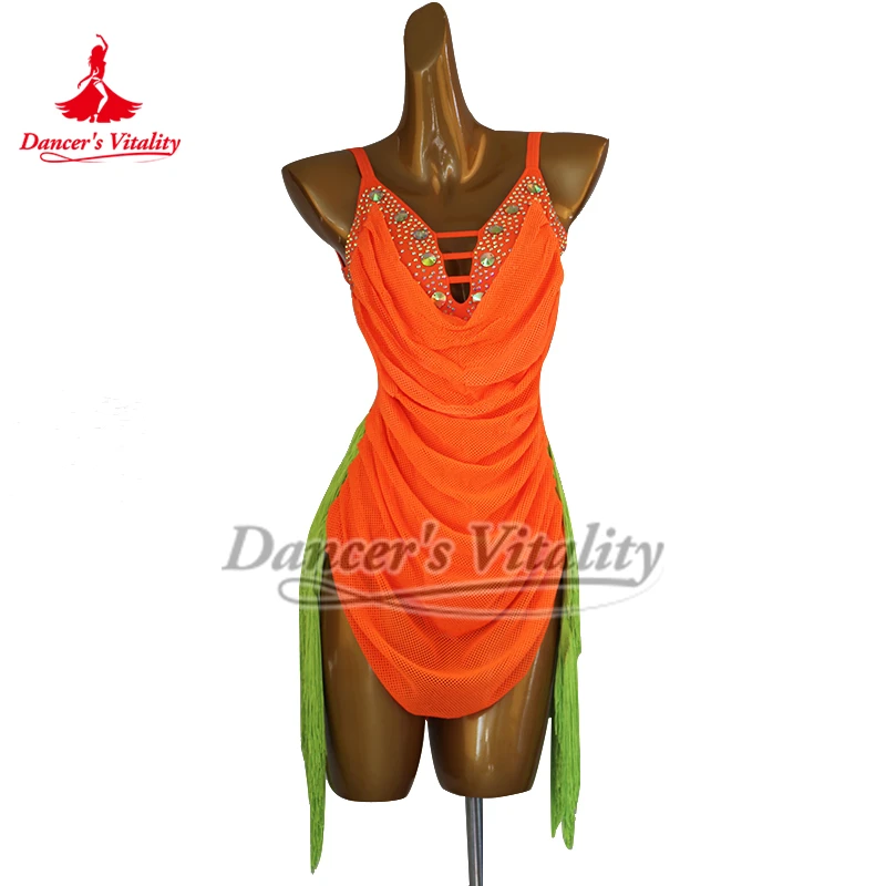 Latin Dance Orange Sleeveless Backless Chest Pads Can Be Dismantle Slip Dress Adult Chacha Samba Performance Outfit Customize - Image 2