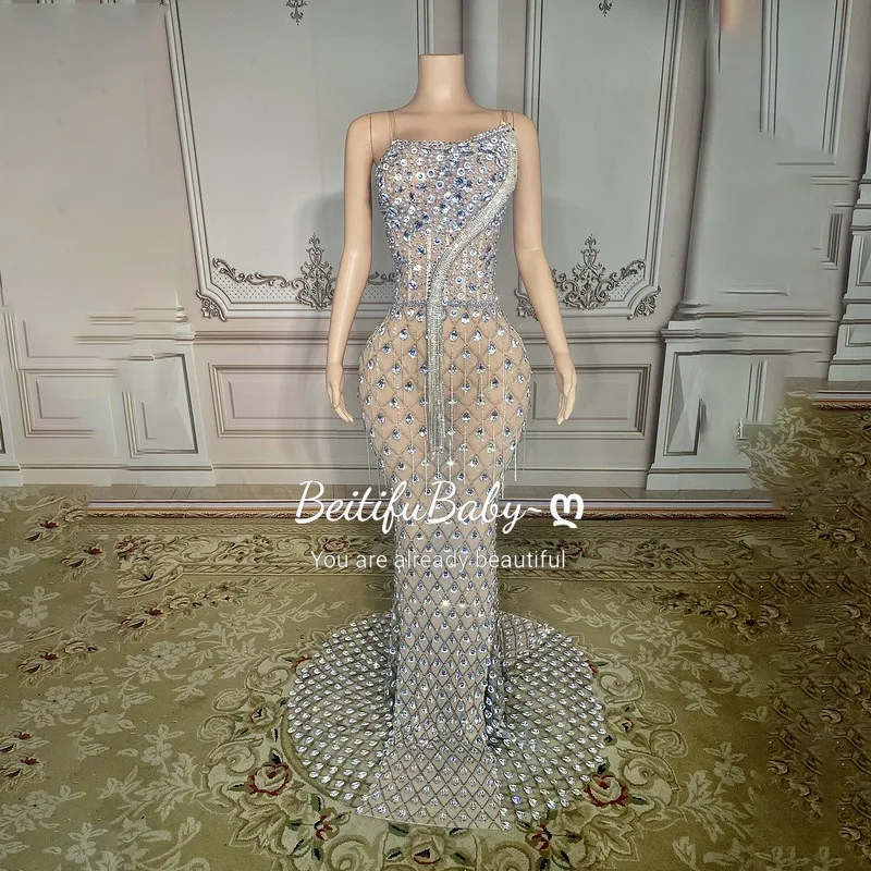 BeitifuBaby Evening Dresses for Women Sparkling Diamond Camisole Sleeveless Backless Sexy Elegant Fish Tail Luxury Banquet Gown