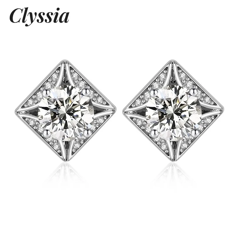 

CLYSSIA D VVS1 Moissanite Women 925 Sterling Silver Square Stud Earrings 18k White Gold Plated with GRA Certified Elegant Gift