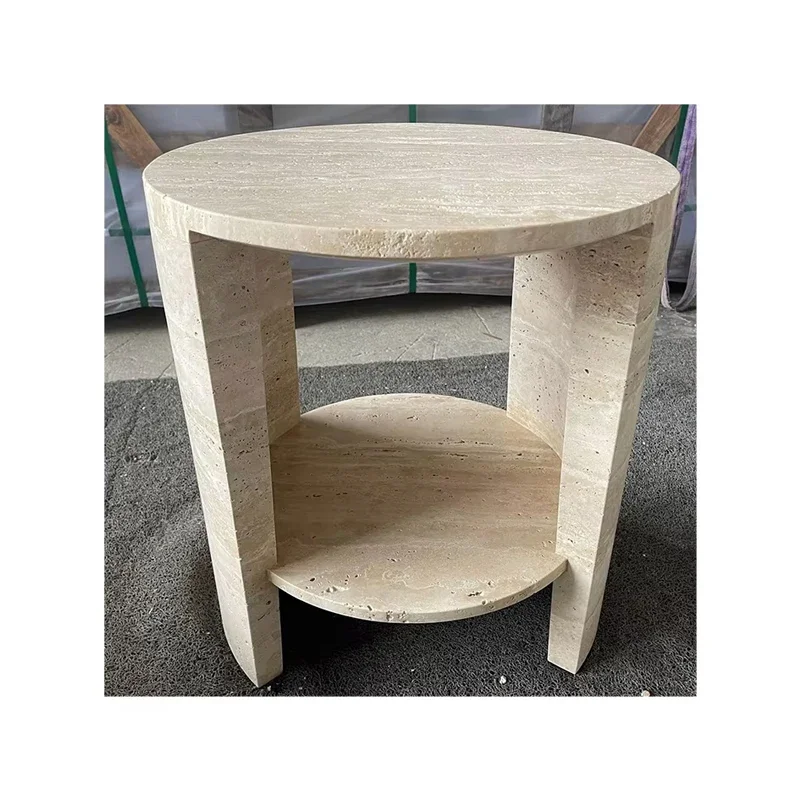 Modern Wabi-Sabi style premium feel hole stone coffee table cream round bedside table with marble countertops bedroom living