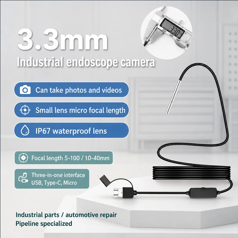 3.3mm Ultra Thin Endoscope Camera HD Borescope IP67 Waterproof Inspection Camera for Android/PC Industrial Pipe Car Engine Repai