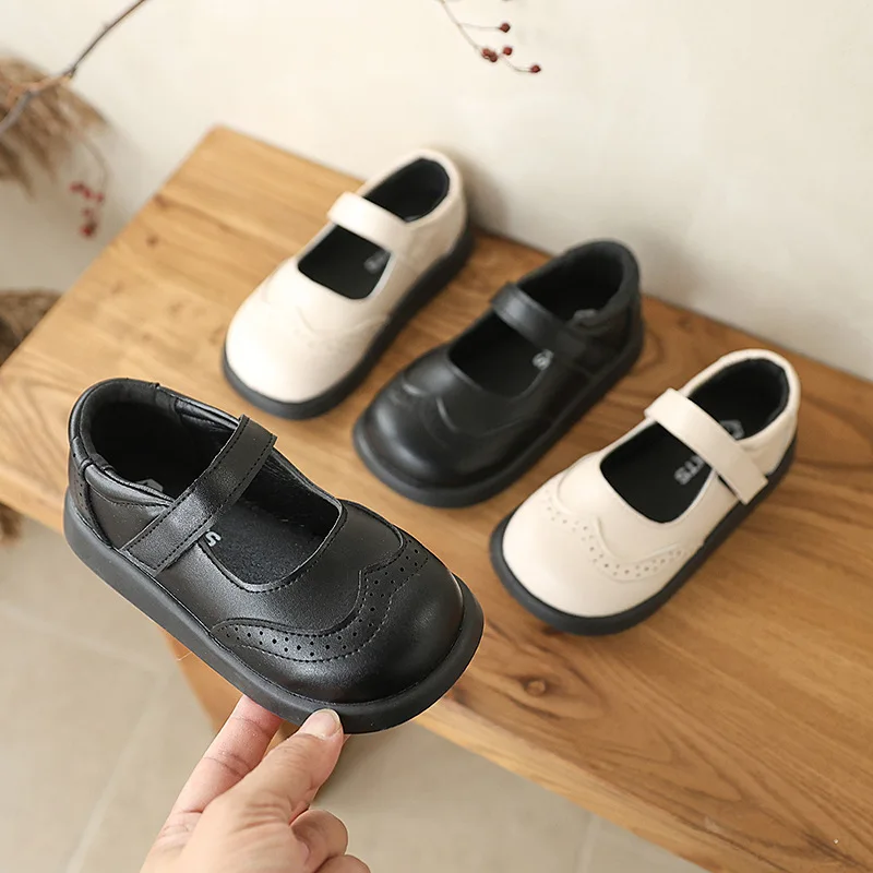 Children's Classic Leather Shoes Black Beige Simple Girls School Uniform Shoes Formal Performance Non-slip Kids Mary Jane Shoes