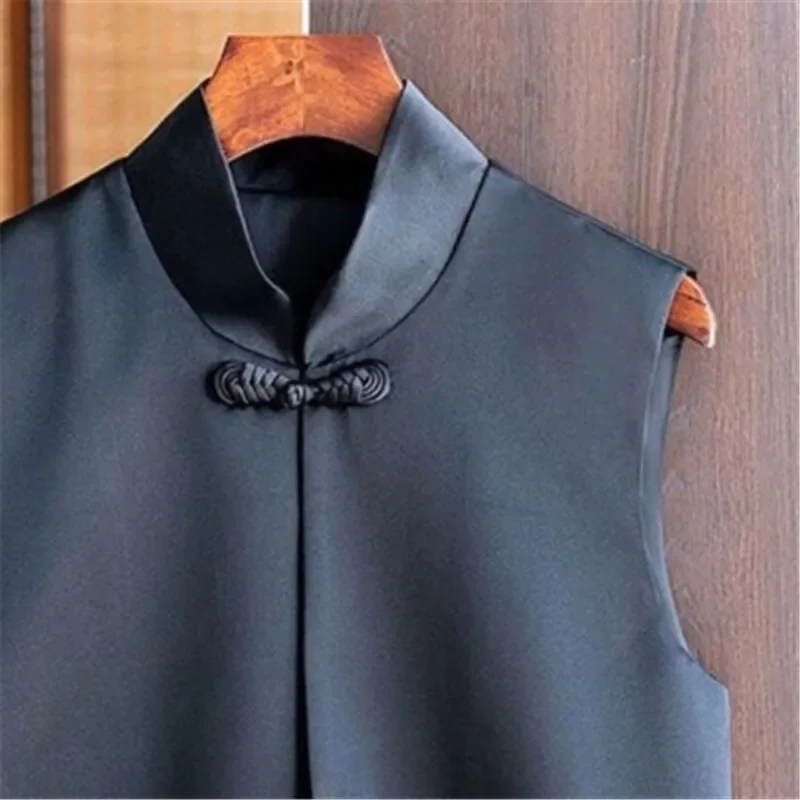 Mode Schwarz Acetat Seide Weste Strickjacke Frauen Chinesische Schnalle Taste Weiche Weste Jacke Vintage Sommer Tank Tops