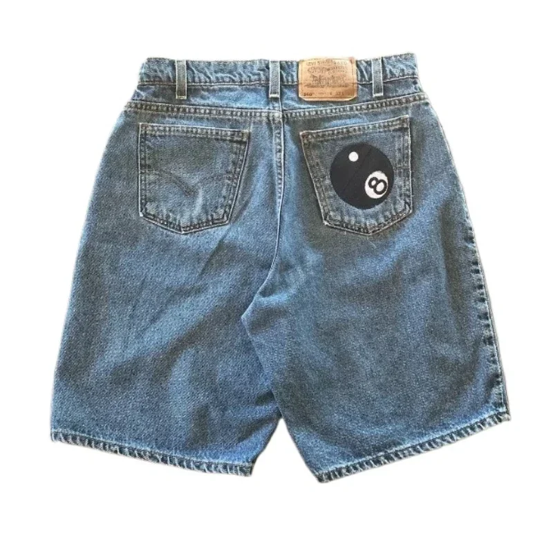 2024 Summer New Black Ball 8 Pattern Blue Denim Shorts Women Clothing Street Fashion Goth Pocket High Waist Wide Legs Short Y2K