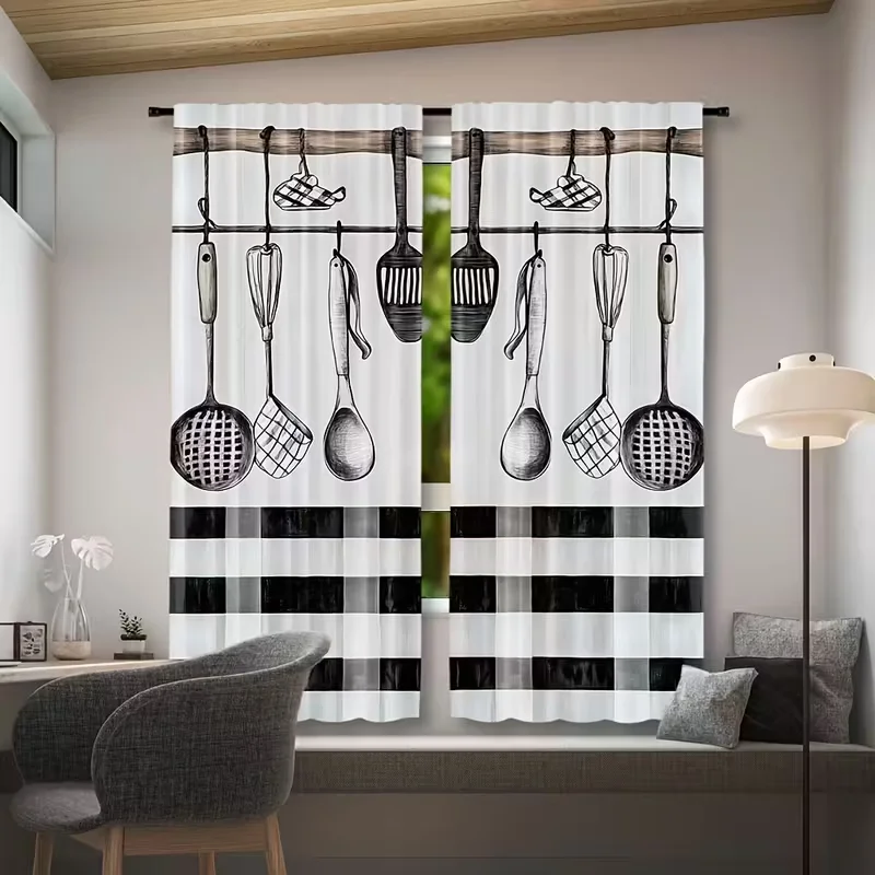 2pc kitchen utensil curtain with hanging tools and checkered pattern for kitchen privacy and decor rustic farmhouse style