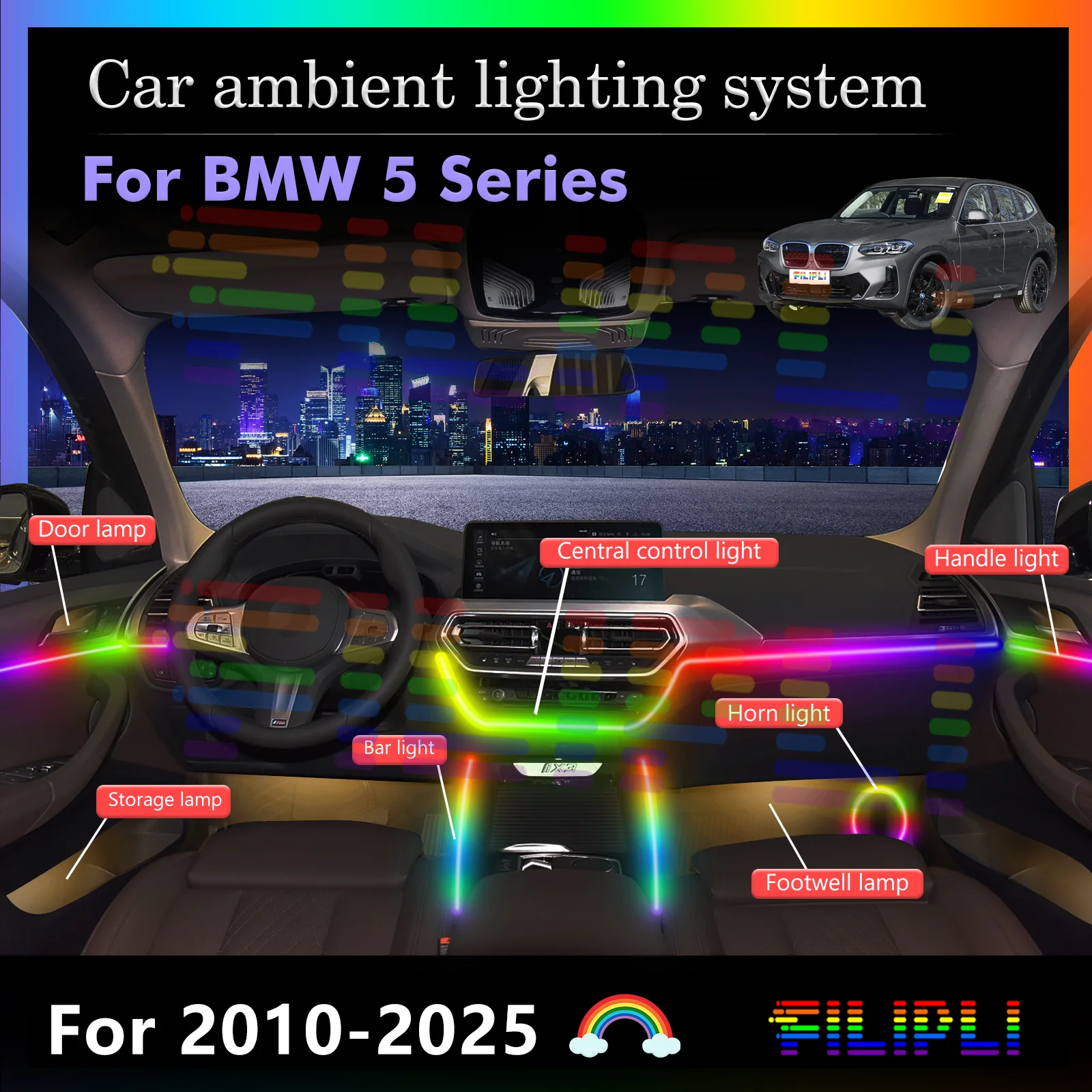 18 In1 For BMW F10 F11 F07 F18 G30 G38 G31 G60 G68 G61 Car Interior Ambient Lamps 64 Colorful Atmosphere Lights Auto LED Neon