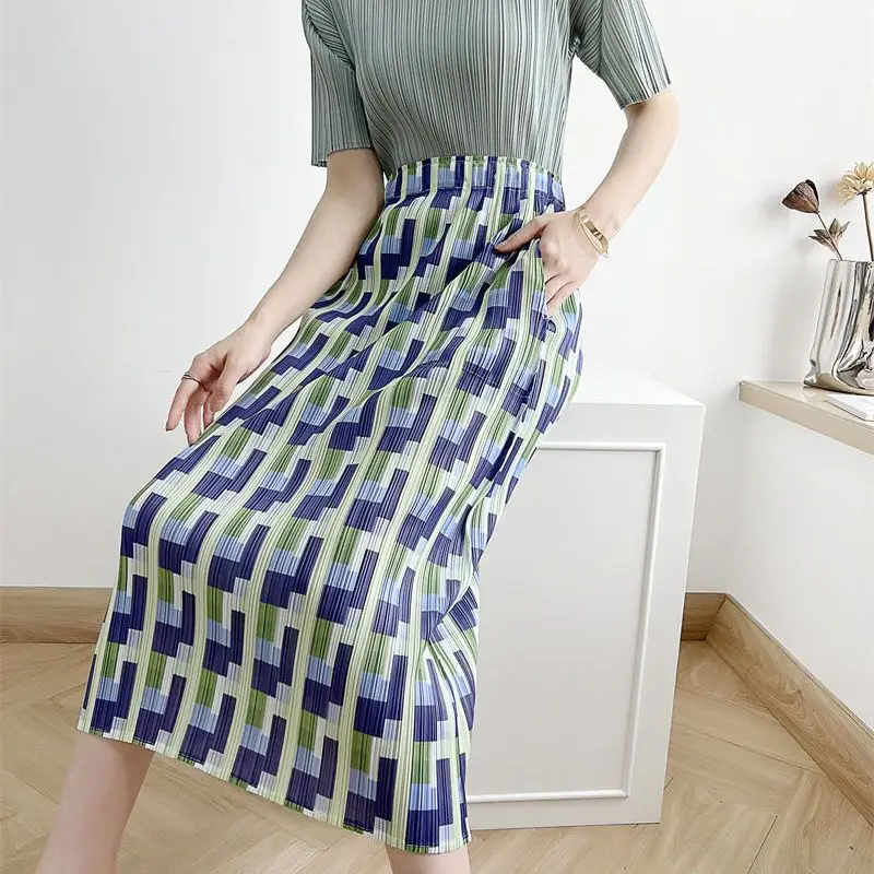 Summer new pleated skirt women's medium and long urban casual slim-fit printed pleated skirt