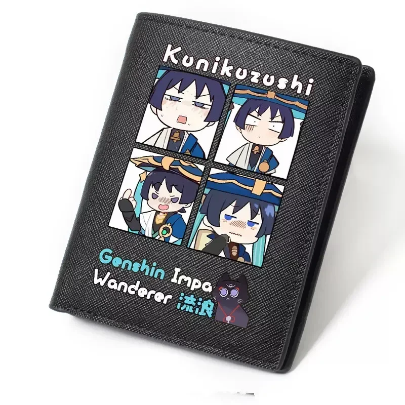 Anime genshin impacto preto moeda bolsa scaramouche cosplay carteira dobrável para homens mulheres couro do plutônio longo curto moda carteiras